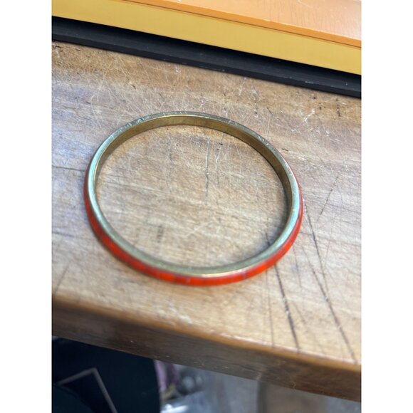 Vintage Brass & Red Enamel Bangle Bracelet - Picture 6 of 8